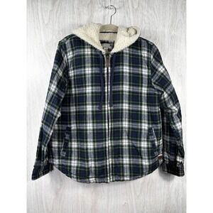 LL Bean Womens M Scotch Plaid Sherpa Lined Flannel Zip Hoodie Cotton Jacket